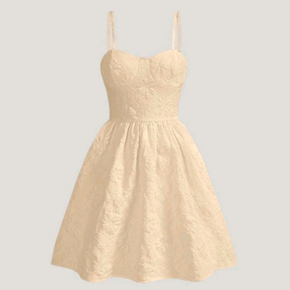 Shein Floral Embroidered Mini Dress Flare Hem Zip-Up Fitted Bodice Cream Small